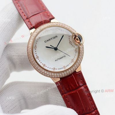 Swiss Quality Replica Cartier Ballon Bleu 36mm Rose Gold Diamond Bezel White Mop Dial Automatic Watch